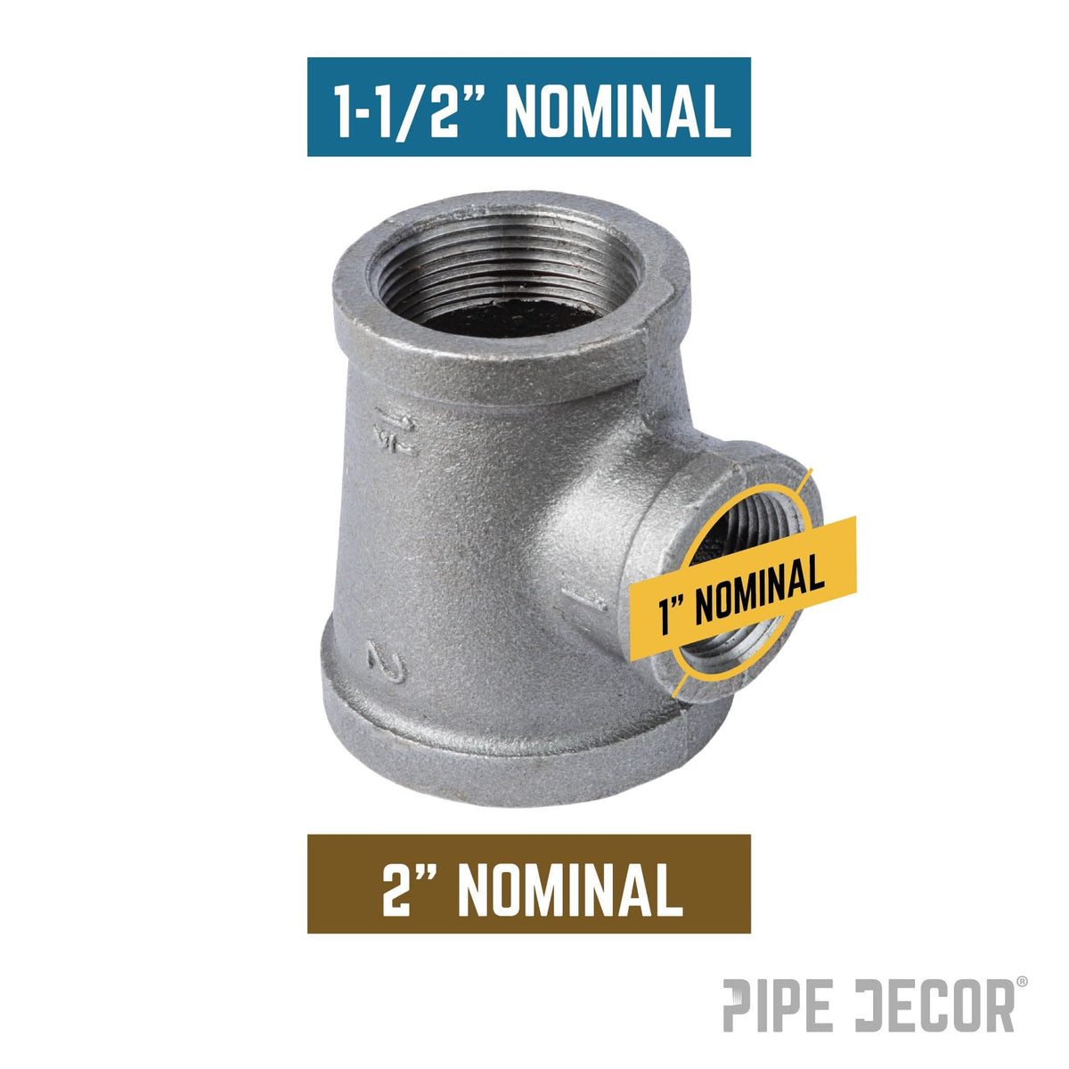 PIPE DECOR 2 in. x 1-1/2 in. x 1 in. black iron reducing tee pipe fitting, view 2