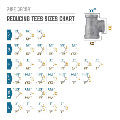 PIPE DECOR 2 in. x 1-1/2 in. x 1 in. black iron reducing tee pipe fitting, view 5