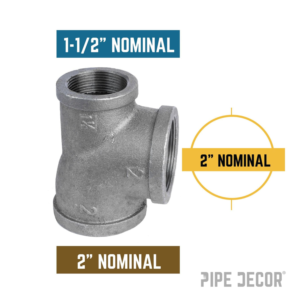 PIPE DECOR 2 in. x 1-1/2 in. x 2 in. black iron reducing tee pipe fitting, view 2