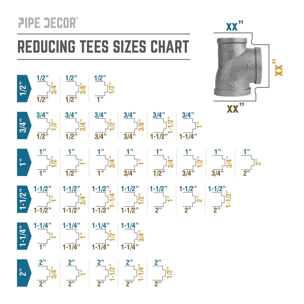 PIPE DECOR 2 in. x 1-1/2 in. x 2 in. black iron reducing tee pipe fitting, view 5