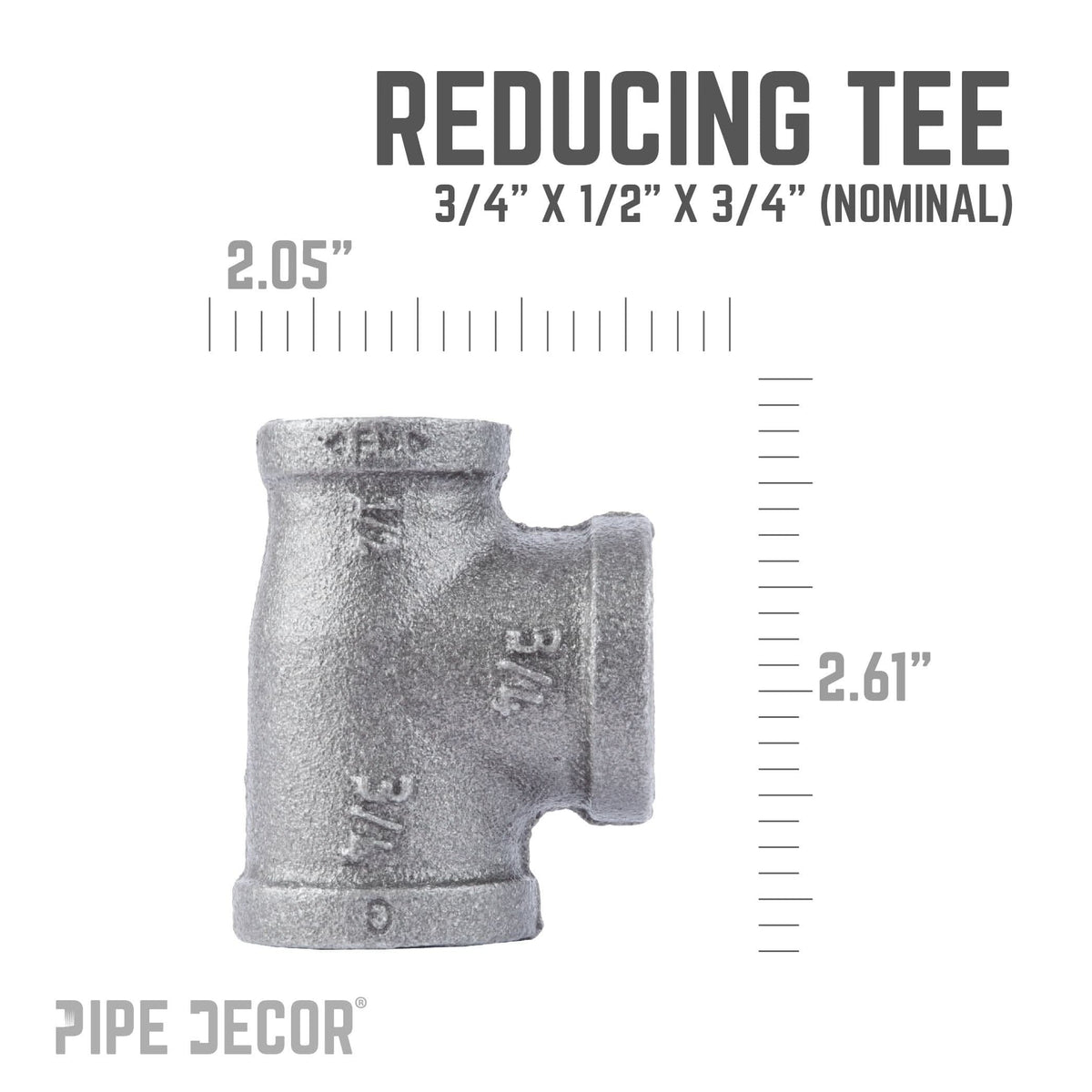 PIPE DECOR 3/4 in. x 1/2 in. x 3/4 in. black iron reducing tee pipe fitting, view 3