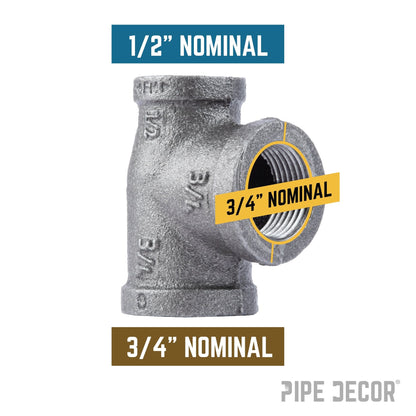 PIPE DECOR 3/4 in. x 1/2 in. x 3/4 in. black iron reducing tee pipe fitting, view 2