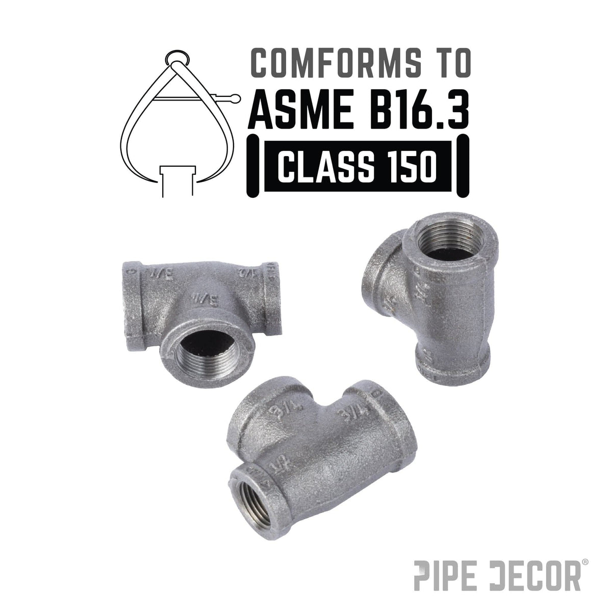 PIPE DECOR 3/4 in. x 1/2 in. x 3/4 in. black iron reducing tee pipe fitting, view 4
