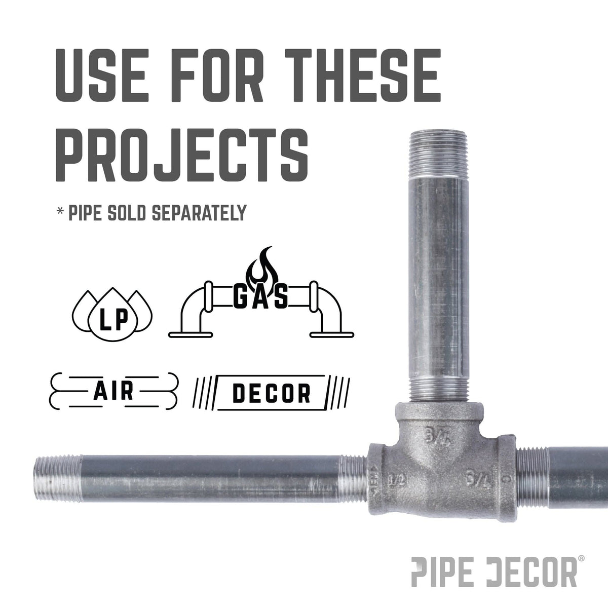 PIPE DECOR 3/4 in. x 1/2 in. x 3/4 in. black iron reducing tee pipe fitting, view 6