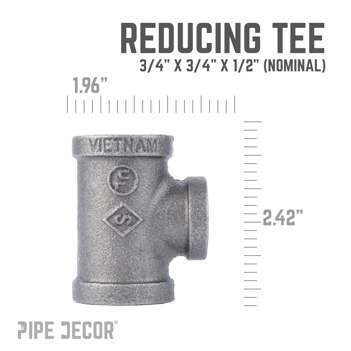 PIPE DECOR 3/4 in. x 3/4 in. x 1/2 in. black iron reducing tee pipe fitting, view 3