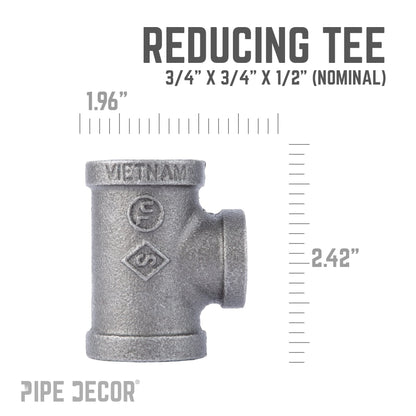 PIPE DECOR 3/4 in. x 3/4 in. x 1/2 in. black iron reducing tee pipe fitting, view 3