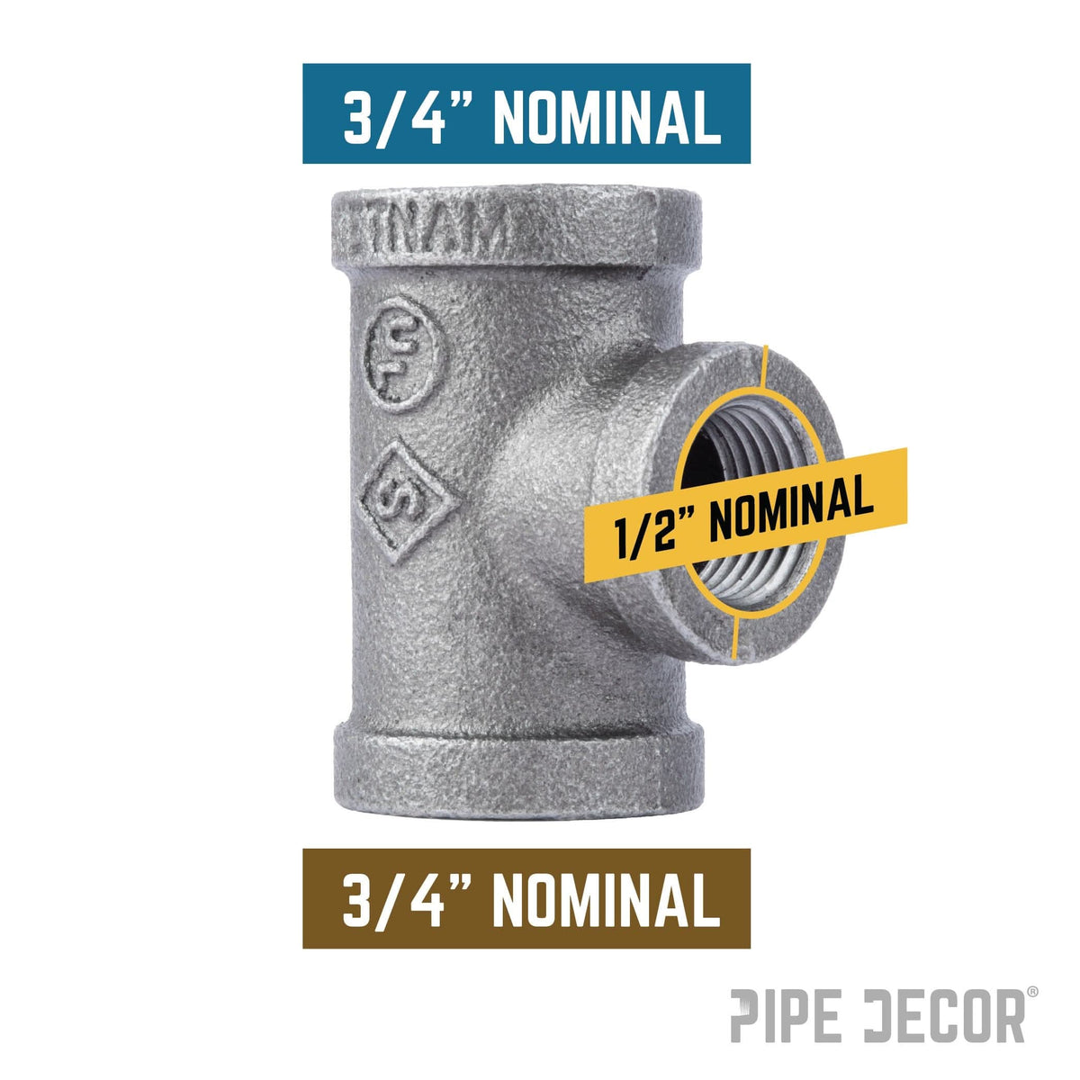 PIPE DECOR 3/4 in. x 3/4 in. x 1/2 in. black iron reducing tee pipe fitting, view 2