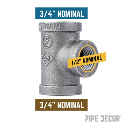 PIPE DECOR 3/4 in. x 3/4 in. x 1/2 in. black iron reducing tee pipe fitting, view 2