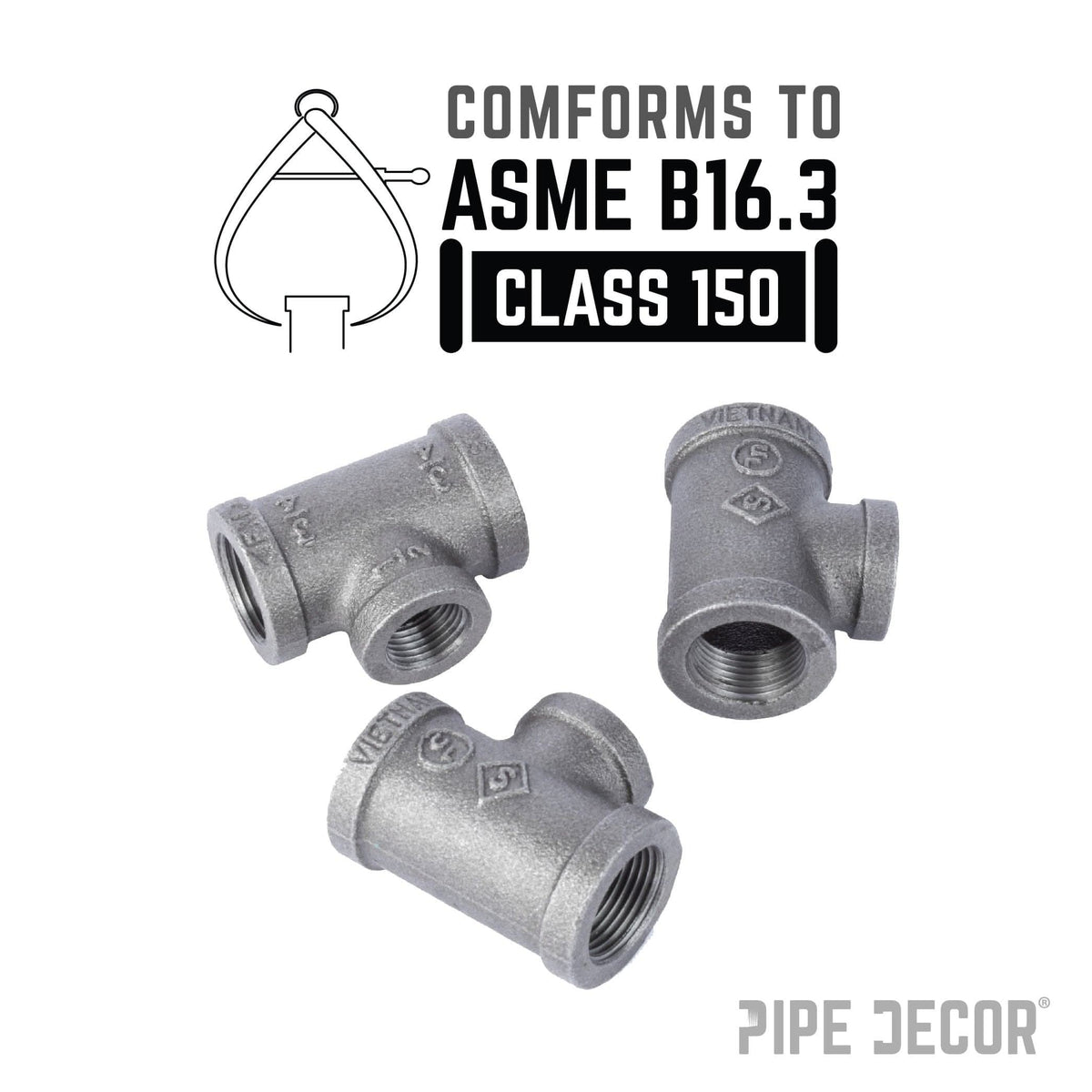 PIPE DECOR 3/4 in. x 3/4 in. x 1/2 in. black iron reducing tee pipe fitting, view 4