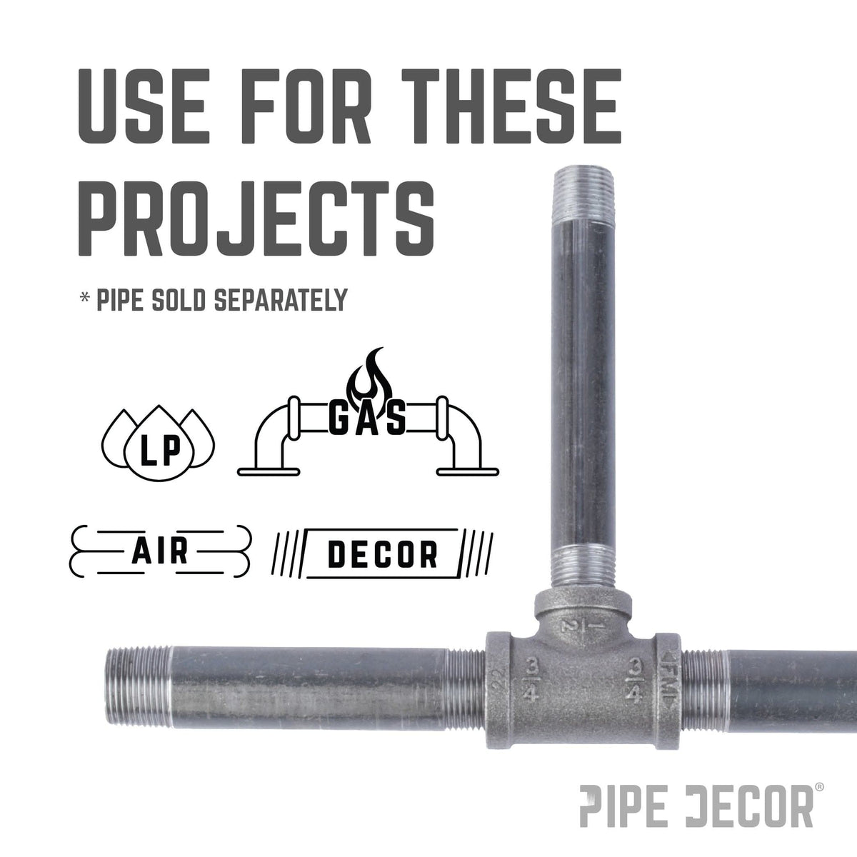 PIPE DECOR 3/4 in. x 3/4 in. x 1/2 in. black iron reducing tee pipe fitting, view 6