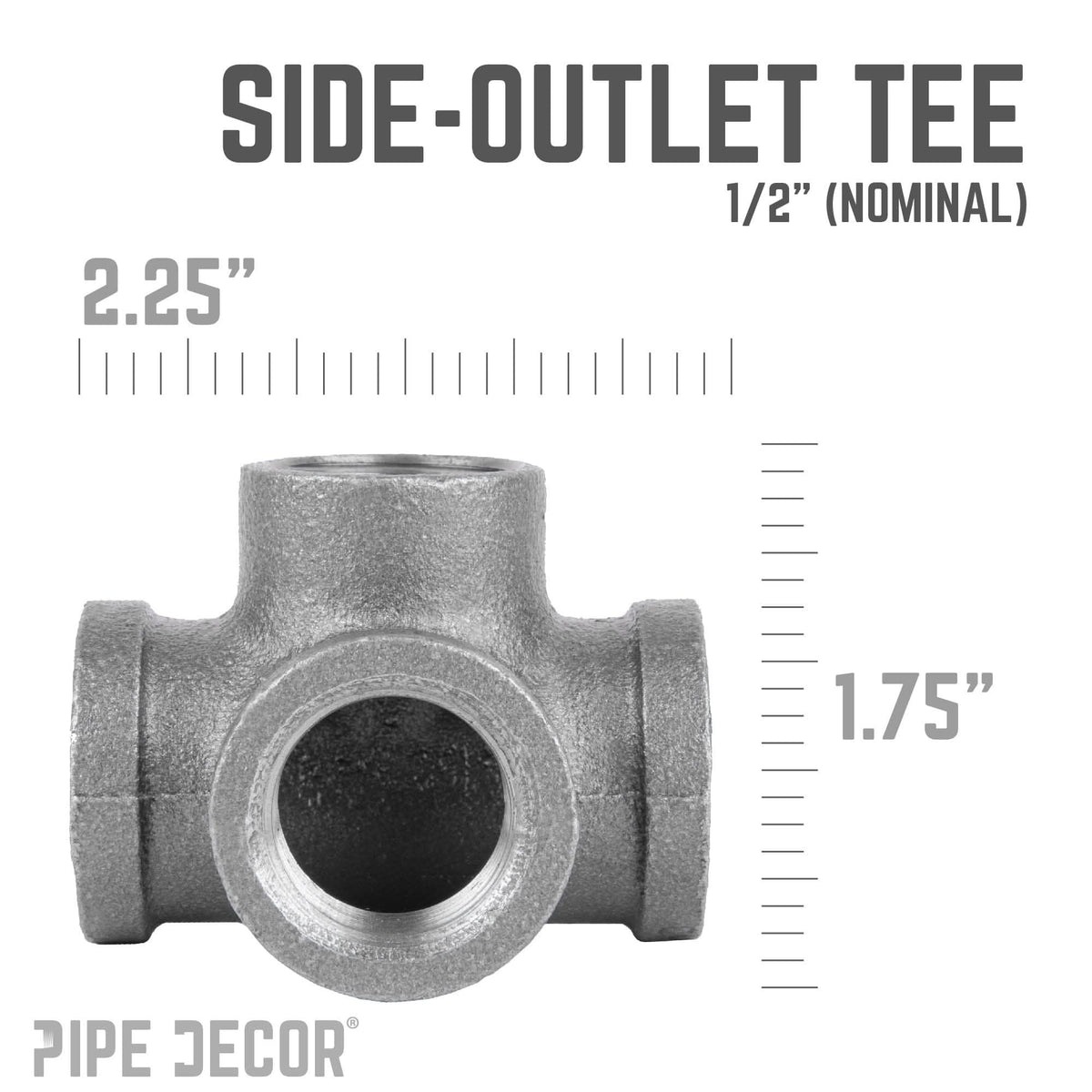 PIPE DECOR 1/2 in. black iron side outlet tee pipe fitting, view 2
