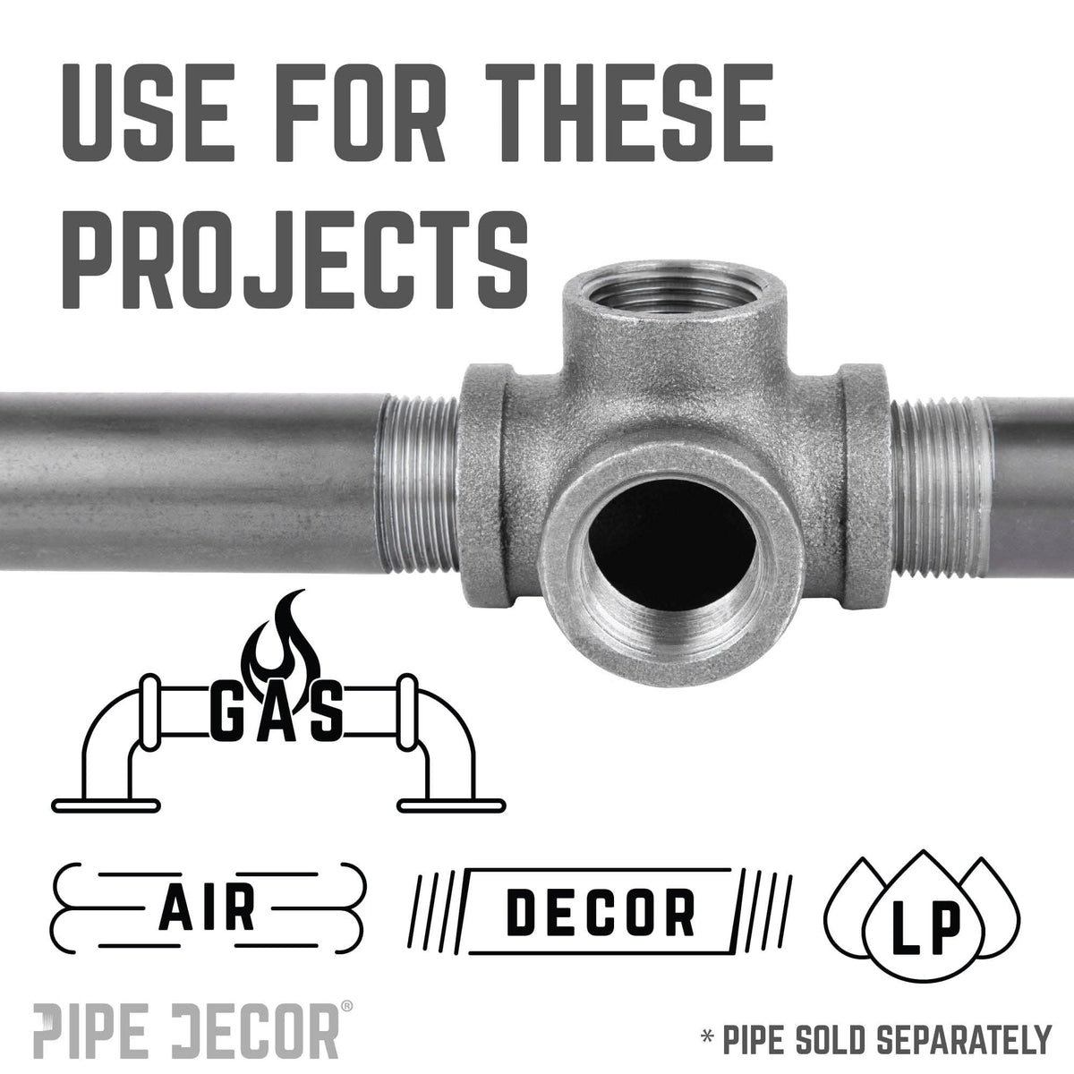 PIPE DECOR 1/2 in. black iron side outlet tee pipe fitting, view 6