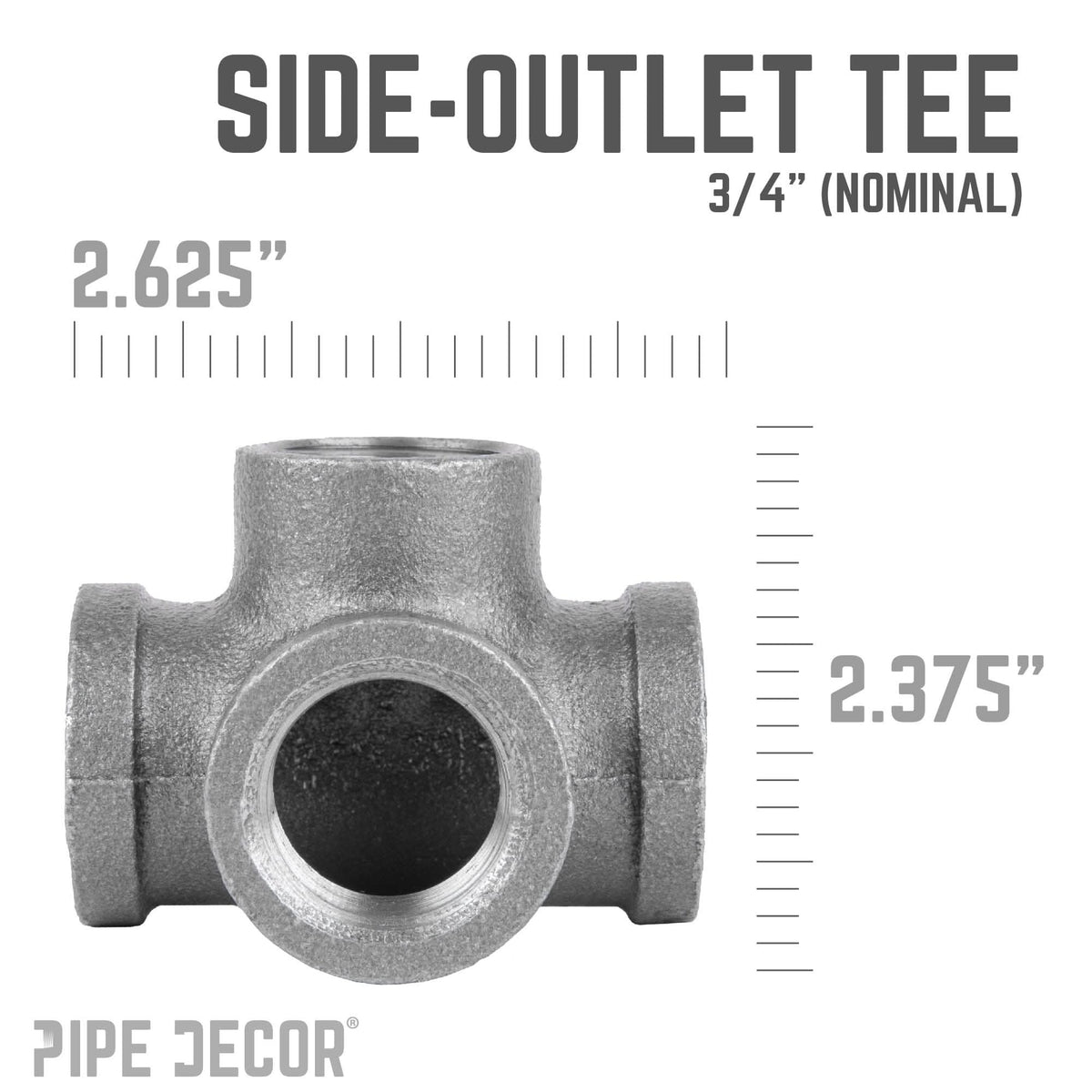 PIPE DECOR 3/4 in. black iron side outlet tee pipe fitting, view 2