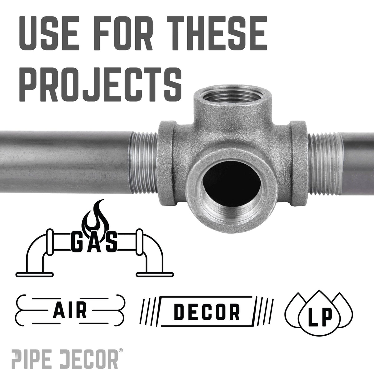 PIPE DECOR 3/4 in. black iron side outlet tee pipe fitting, view 6
