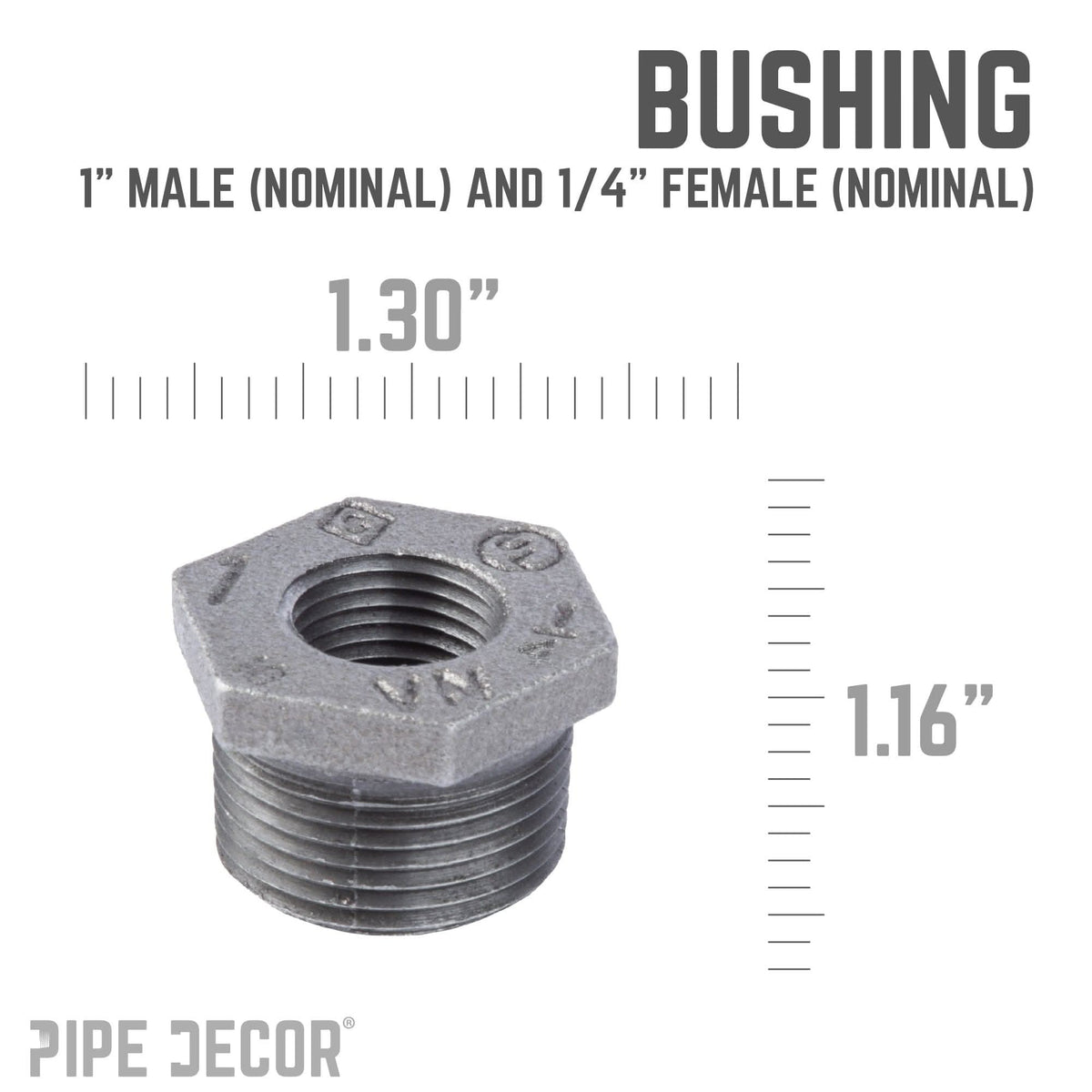 PIPE DECOR 1 in. x 1/4 in. black iron bushing pipe fitting, view 3