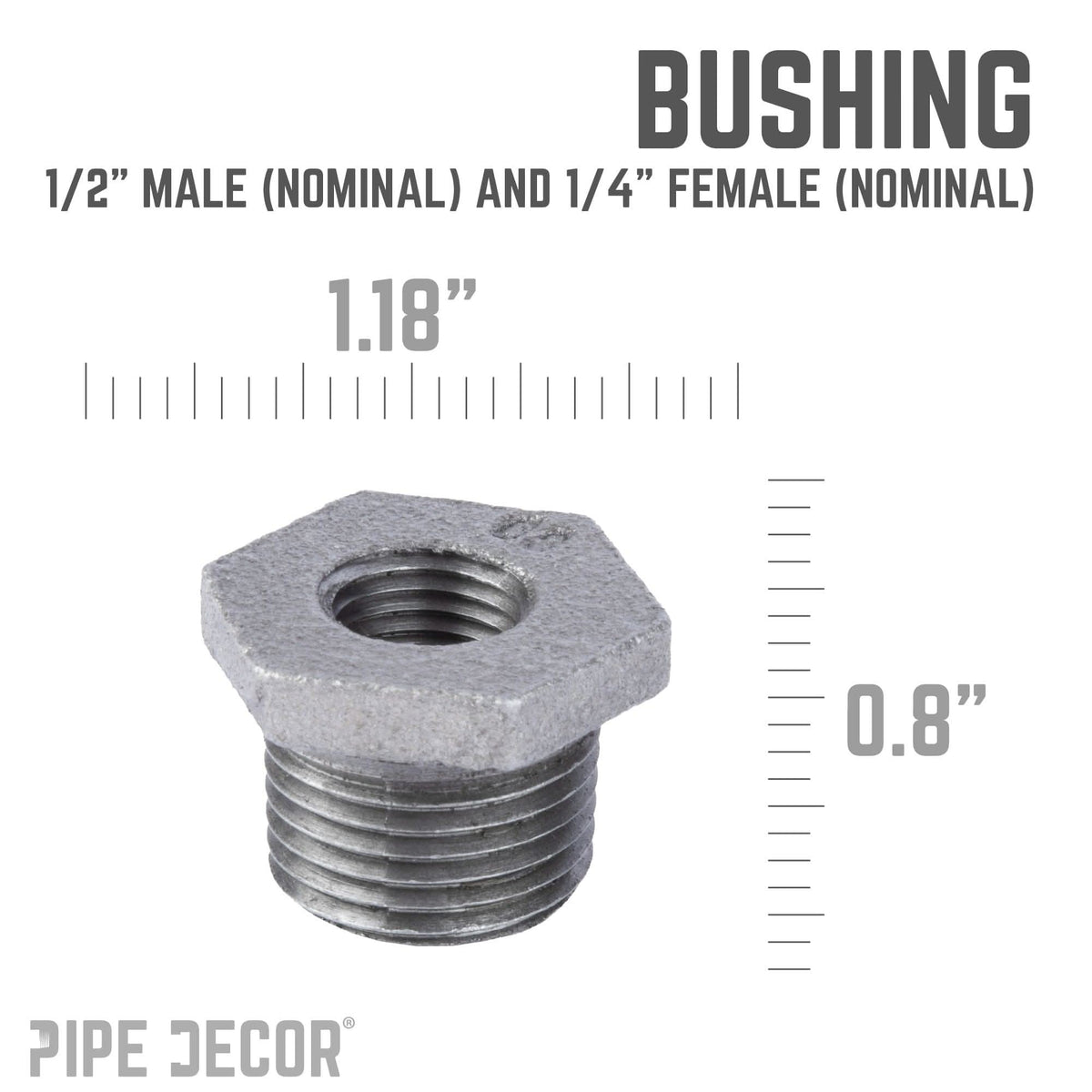 PIPE DECOR 1/2 in. x 1/4 in. black iron bushing pipe fitting, view 3