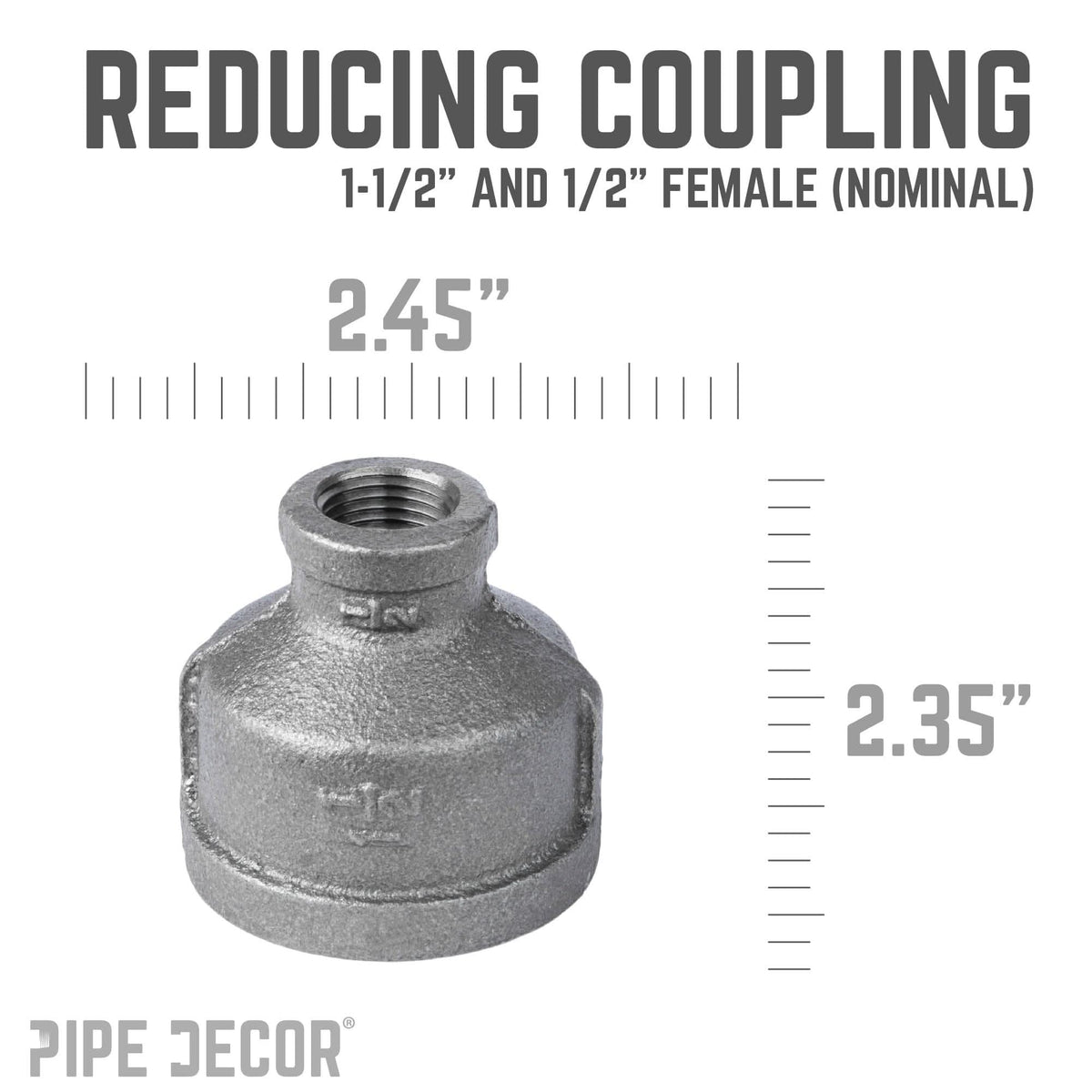 PIPE DECOR 1-1/2 in. x 1/2 in. black iron reducing coupling pipe fitting