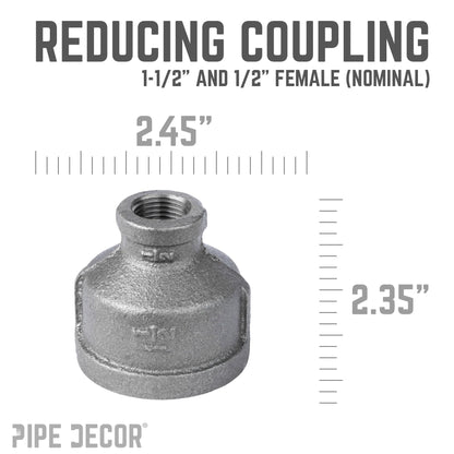 PIPE DECOR 1-1/2 in. x 1/2 in. black iron reducing coupling pipe fitting