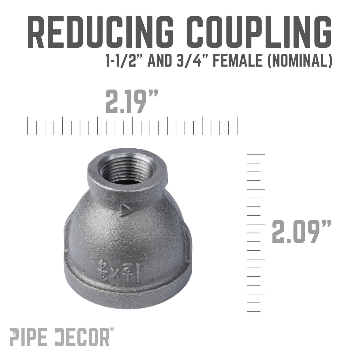 PIPE DECOR 1-1/2 in. x 3/4 in. black iron reducing coupling pipe fitting