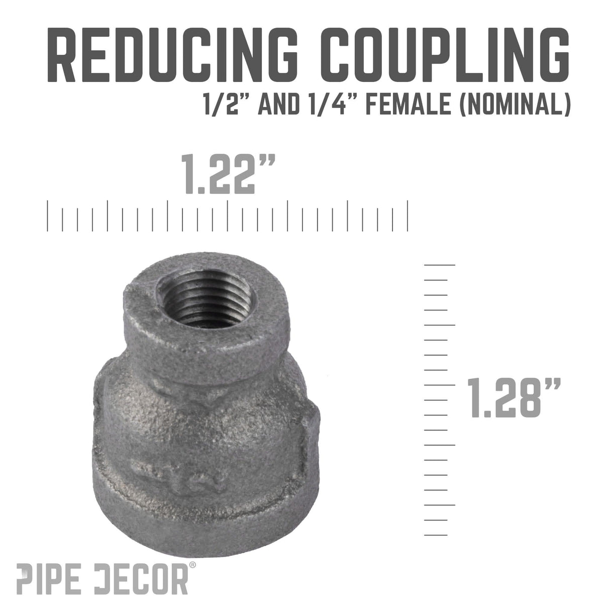 PIPE DECOR 1/2 in. x 1/4 in. black iron reducing coupling pipe fitting, view 3