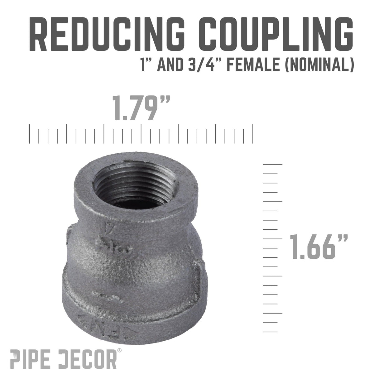 PIPE DECOR 1 in. x 3/4 in. black iron reducing coupling pipe fitting, view 3