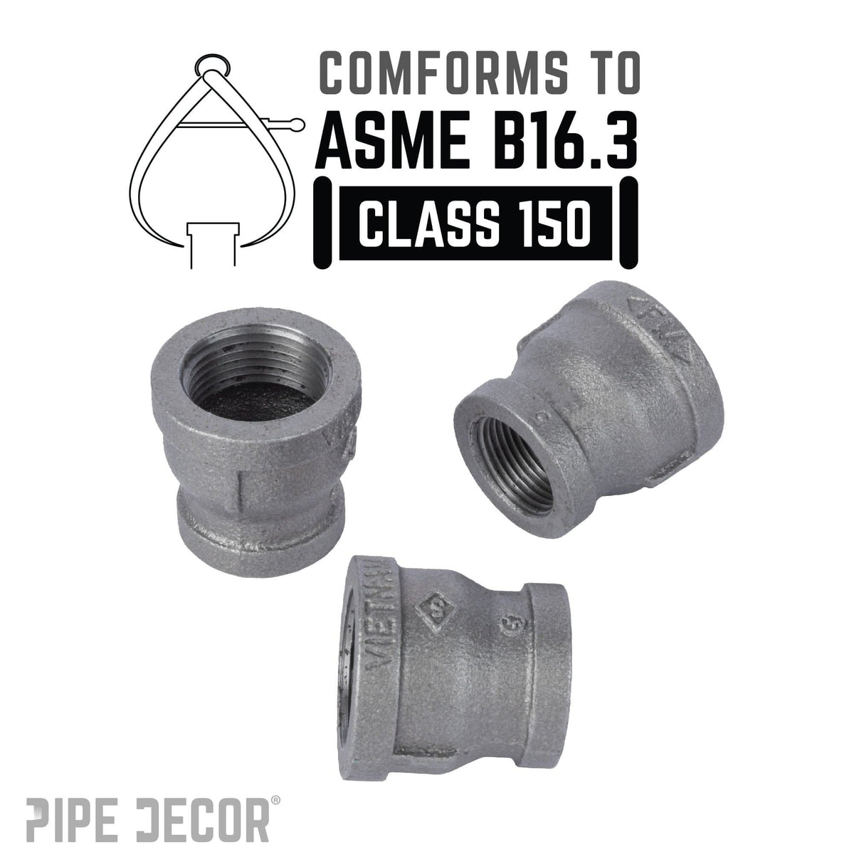 PIPE DECOR 2 in. x 1-1/4 in. black iron reducing coupling pipe fitting, view 4