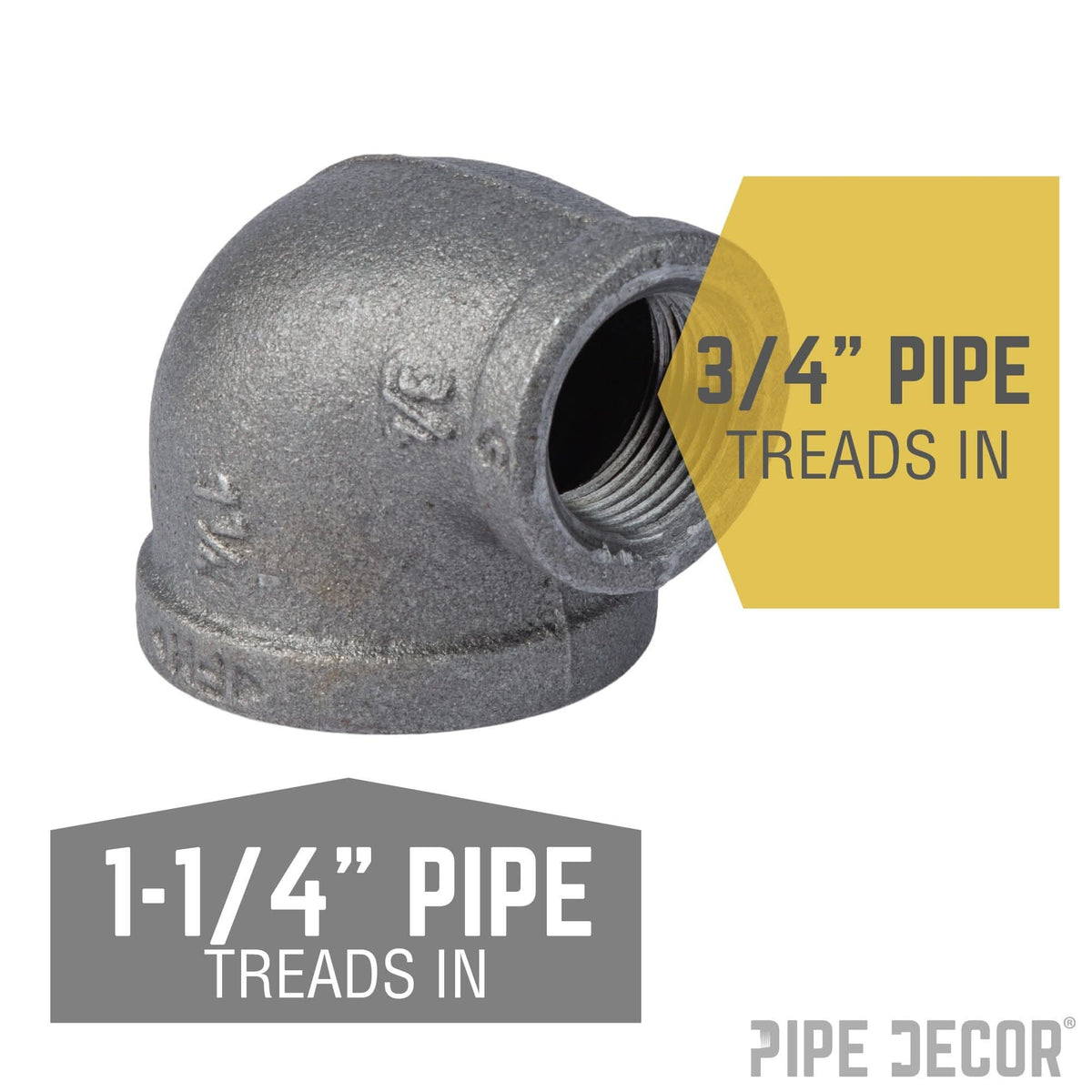 PIPE DECOR 1-1/4 in. x 3/4 in. black iron reducing elbow pipe fitting, view 2