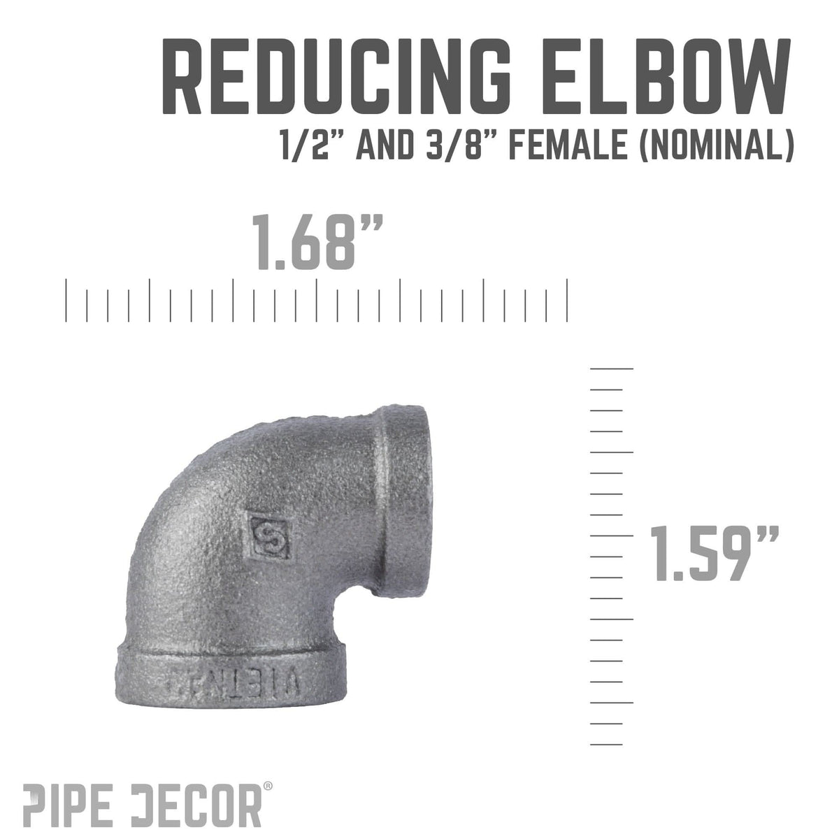 PIPE DECOR 1/2 in. x 3/8 in. black iron reducing elbow pipe fitting, view 3