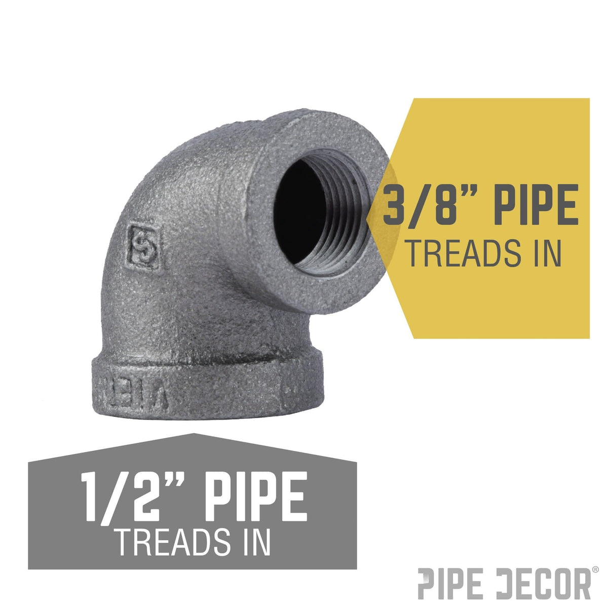 PIPE DECOR 1/2 in. x 3/8 in. black iron reducing elbow pipe fitting, view 2