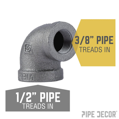 PIPE DECOR 1/2 in. x 3/8 in. black iron reducing elbow pipe fitting, view 2