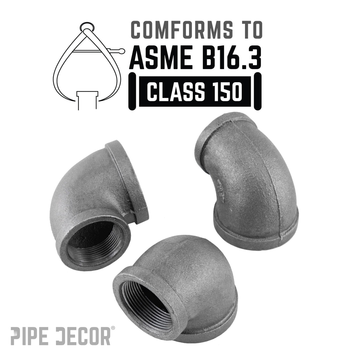 PIPE DECOR 2 in. x 1-1/2 in. black iron reducing elbow pipe fitting, view 4