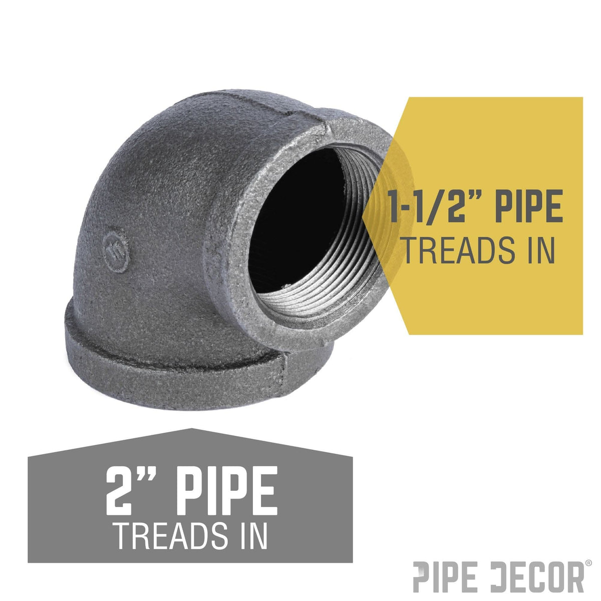 PIPE DECOR 2 in. x 1-1/2 in. black iron reducing elbow pipe fitting, view 2