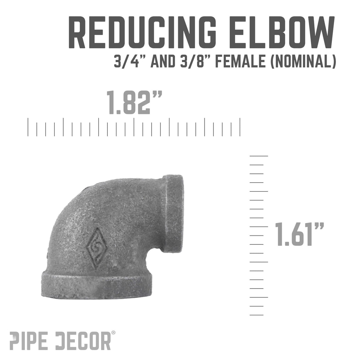 PIPE DECOR 3/4 in. x 3/8 in. black iron reducing elbow pipe fitting, view 3