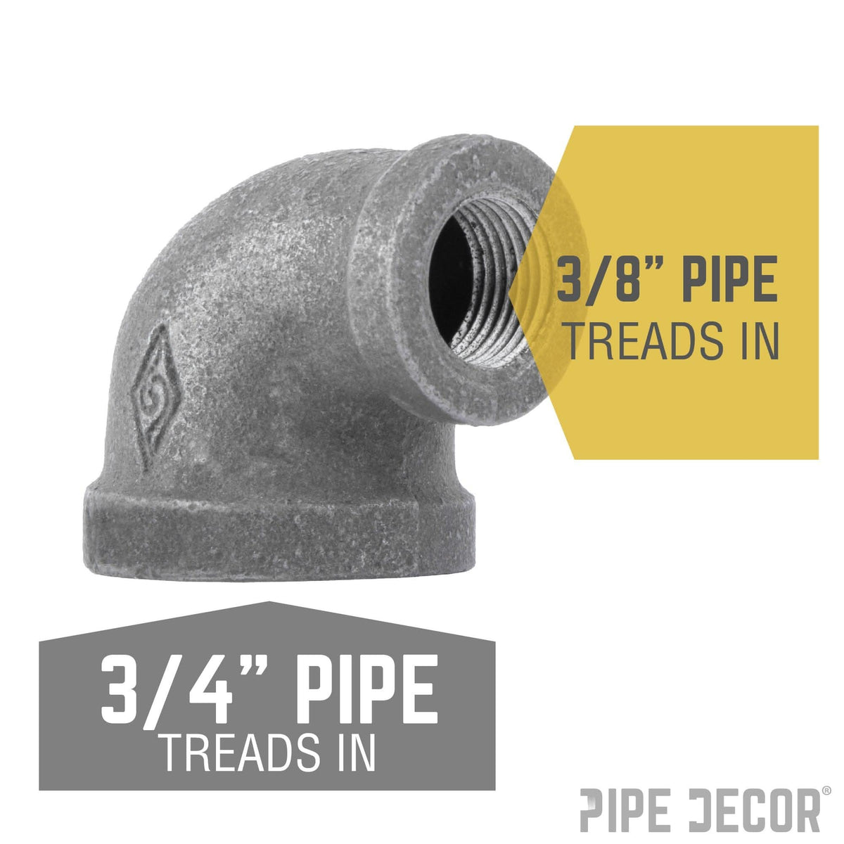 PIPE DECOR 3/4 in. x 3/8 in. black iron reducing elbow pipe fitting, view 2