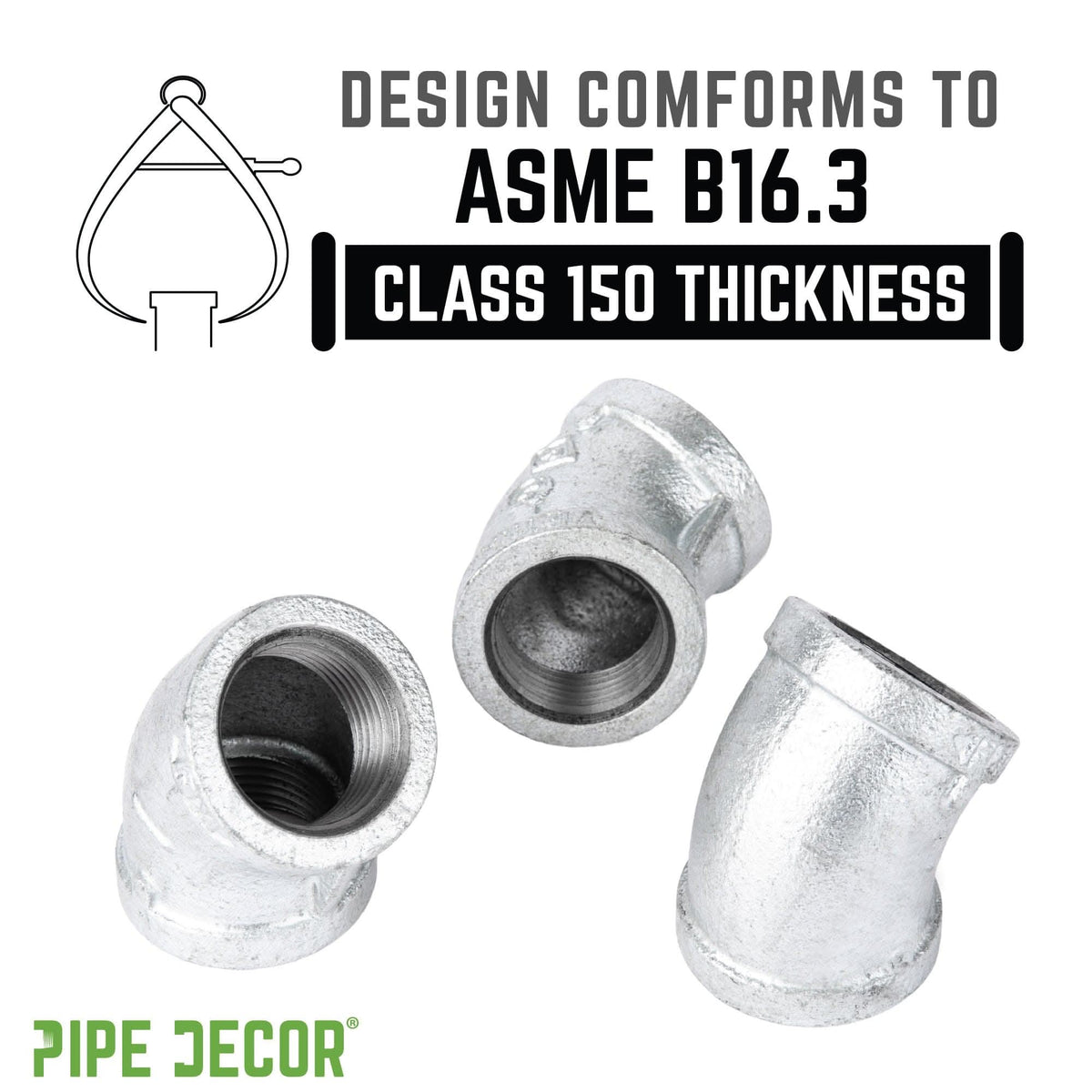 PIPE DECOR 1 in. galvanized iron 45 degree elbow pipe fitting, view 4