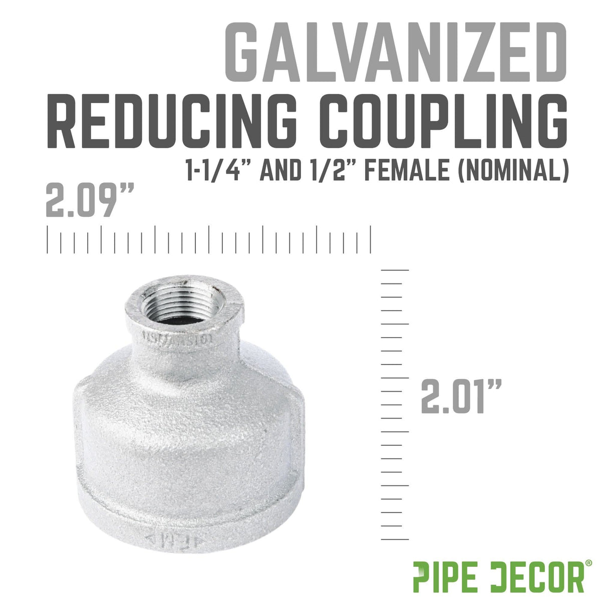 PIPE DECOR 1-1/4 in. x 1/2 in. galvanized iron reducing coupling pipe fitting