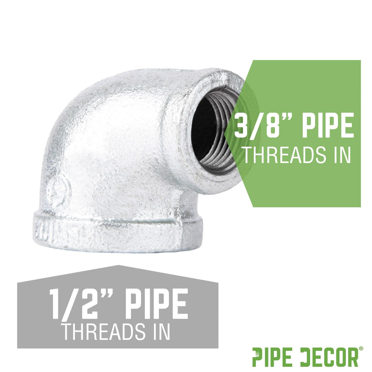 PIPE DECOR 1/2 in. x 3/8 in. galvanized iron reducing elbow pipe fitting, view 2