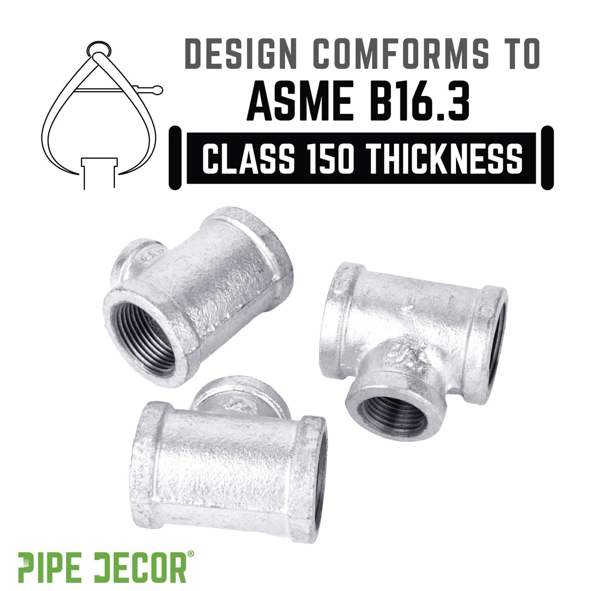PIPE DECOR 1-1/4 in. x 1-1/4 in. x 1 in. galvanized iron reducing tee pipe fitting