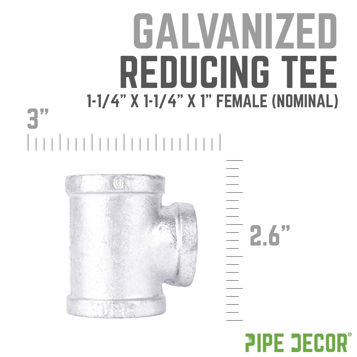 PIPE DECOR 1-1/4 in. x 1-1/4 in. x 1 in. galvanized iron reducing tee pipe fitting