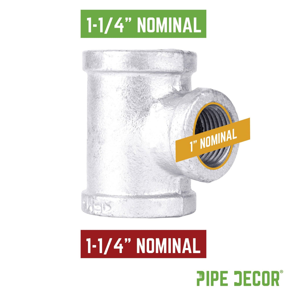 PIPE DECOR 1-1/4 in. x 1-1/4 in. x 1 in. galvanized iron reducing tee pipe fitting