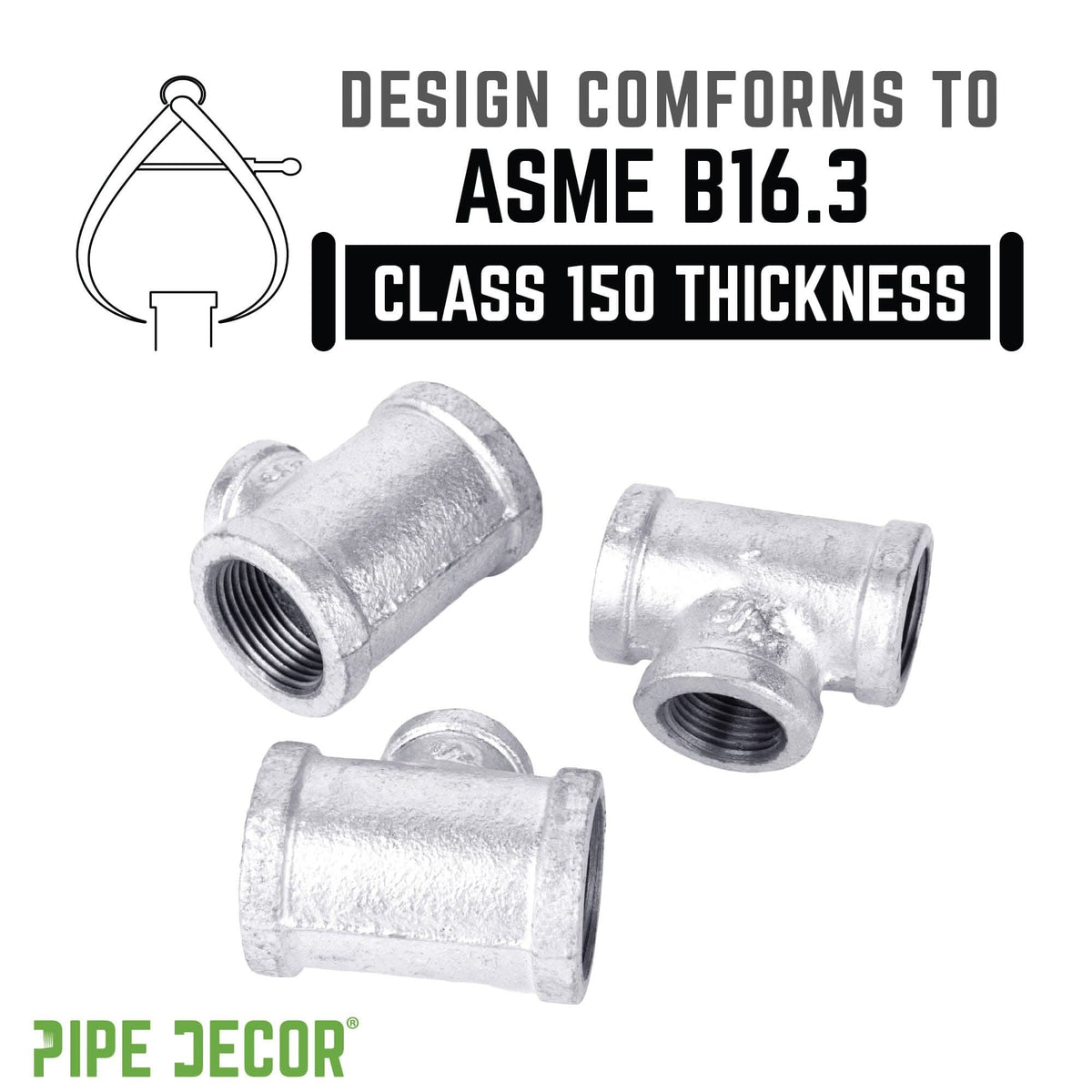 PIPE DECOR 1/2 in. x 1/2 in. x 3/4 in. galvanized iron reducing tee pipe fitting, view 4