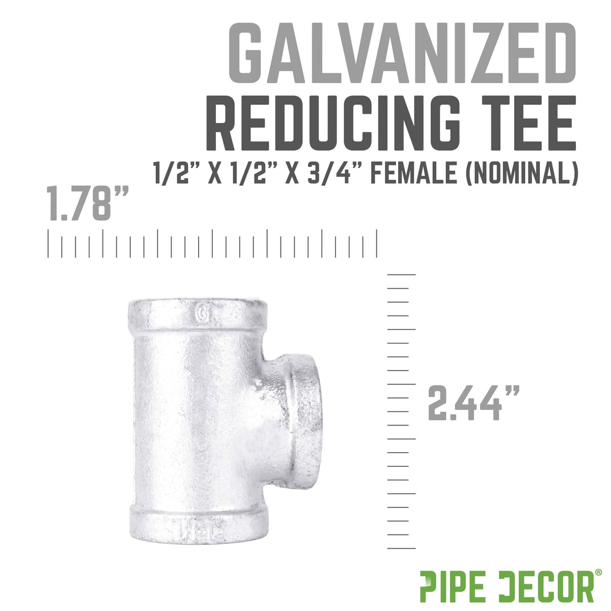 PIPE DECOR 1/2 in. x 1/2 in. x 3/4 in. galvanized iron reducing tee pipe fitting, view 3