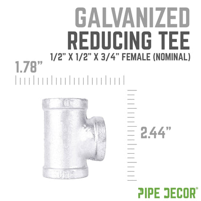 PIPE DECOR 1/2 in. x 1/2 in. x 3/4 in. galvanized iron reducing tee pipe fitting, view 3