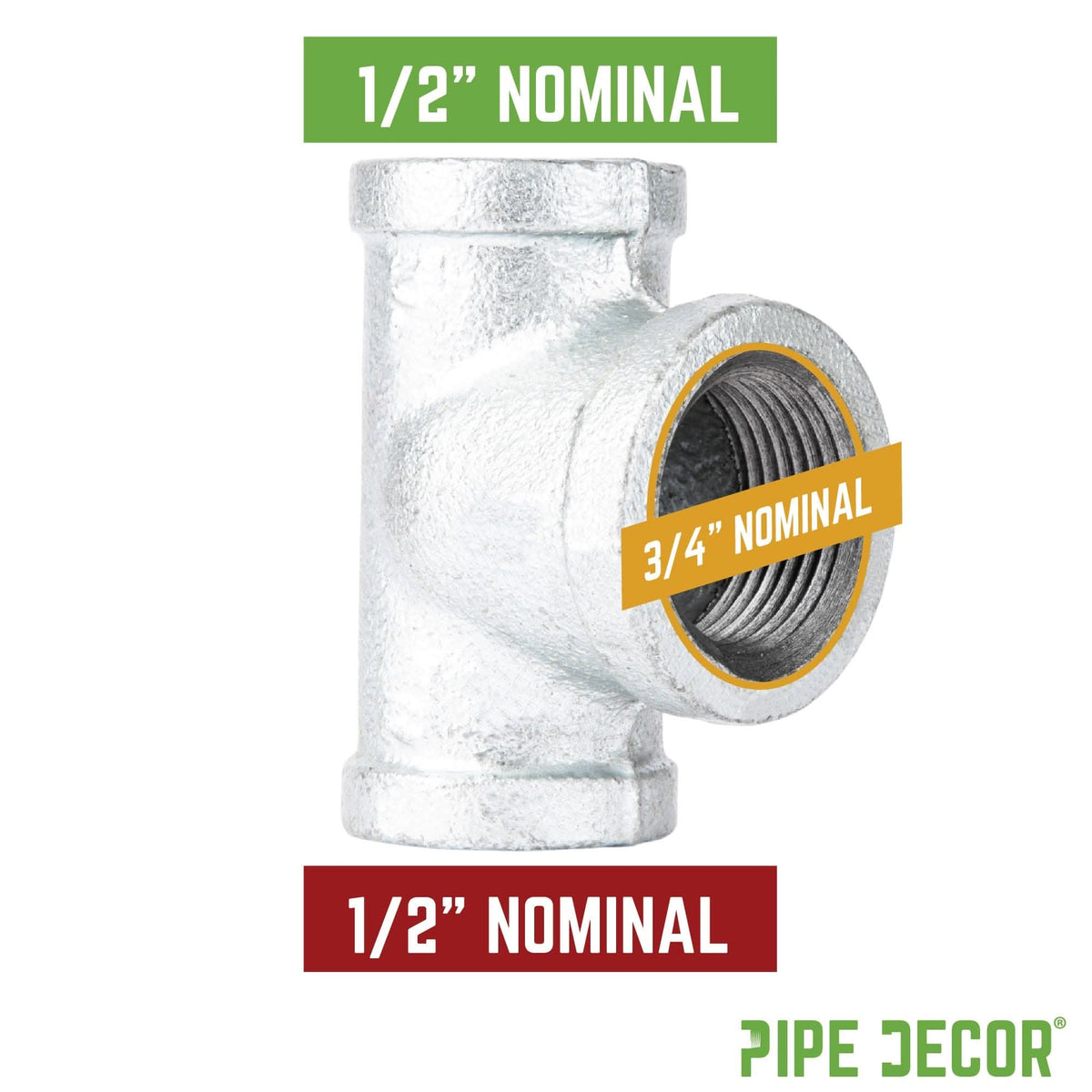 PIPE DECOR 1/2 in. x 1/2 in. x 3/4 in. galvanized iron reducing tee pipe fitting, view 2