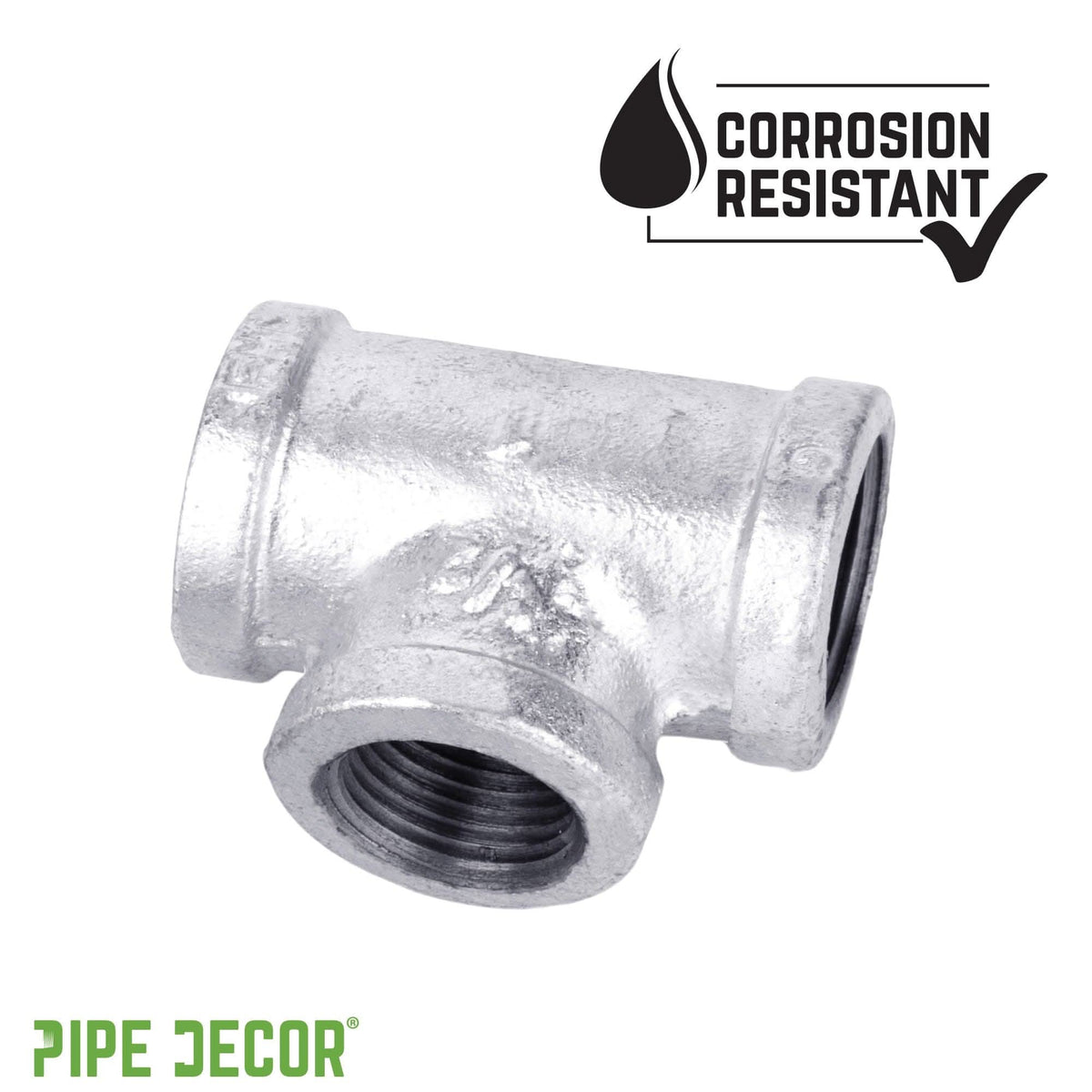 PIPE DECOR 1/2 in. x 1/2 in. x 3/4 in. galvanized iron reducing tee pipe fitting, view 6