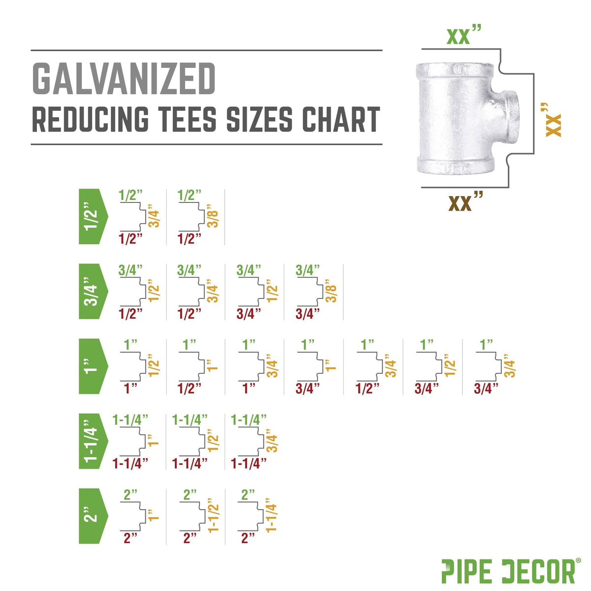PIPE DECOR 1/2 in. x 1/2 in. x 3/4 in. galvanized iron reducing tee pipe fitting, view 8