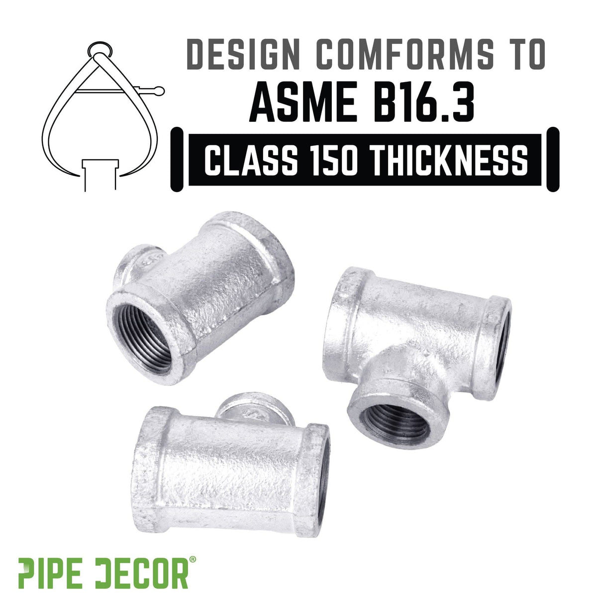PIPE DECOR 1 in. x 3/4 in. x 3/4 in. galvanized iron reducing tee pipe fitting, view 4