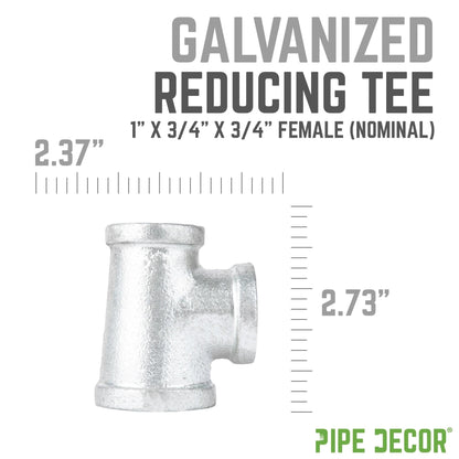 PIPE DECOR 1 in. x 3/4 in. x 3/4 in. galvanized iron reducing tee pipe fitting, view 3