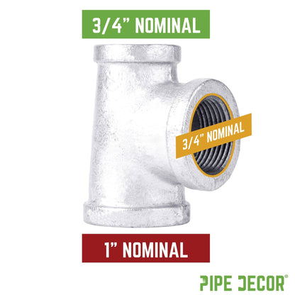 PIPE DECOR 1 in. x 3/4 in. x 3/4 in. galvanized iron reducing tee pipe fitting, view 2