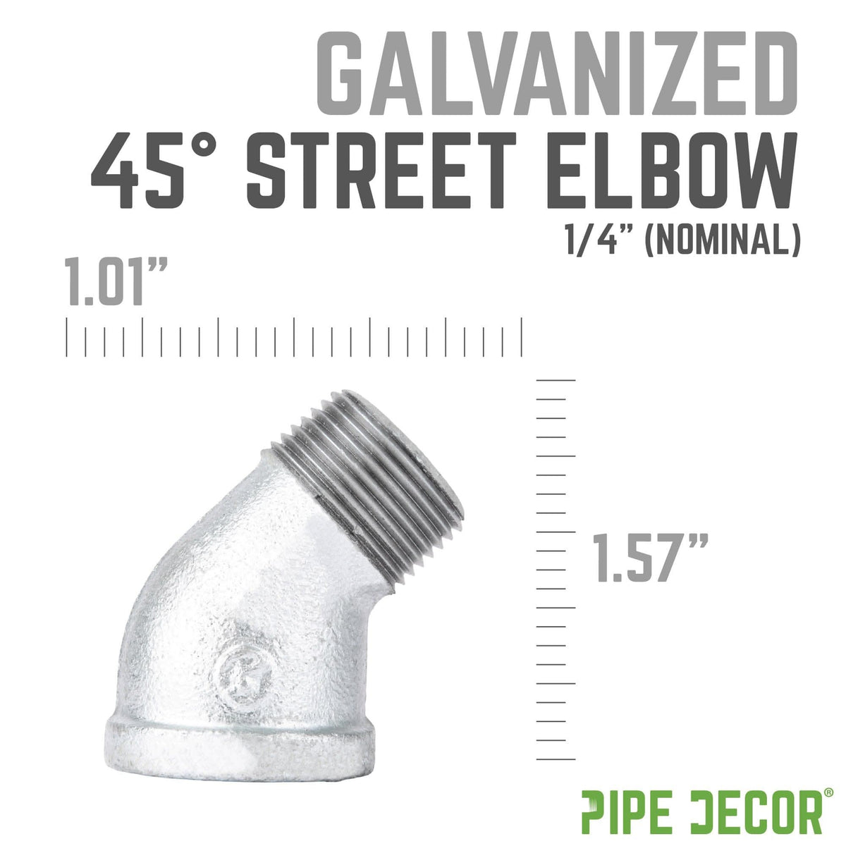 PIPE DECOR 1/4 in. galvanized iron 45 degree street elbow pipe fitting, view 2